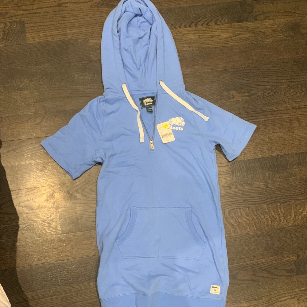 Roots Sky Blue Short Sleeve Hoodie Dress with Zip